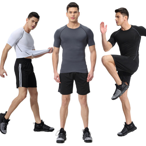 Cross-border fitness clothing men's summer high elastic breathable quick-drying T-shirt outdoor sweaty basketball running short-sleeved sportswear