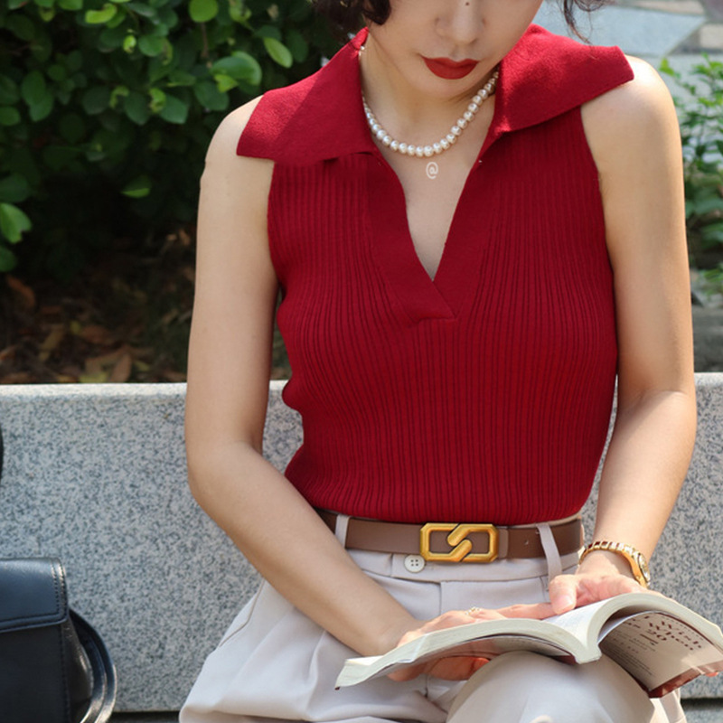 Hong Kong Style Vintage V-Neck Spice Girls Sleeveless Knitted Vest Sexy Slimming Lapel Top Breast Covering Neck Pullover