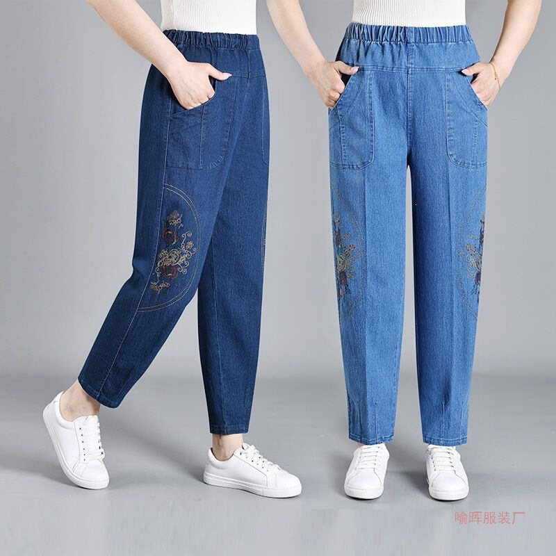Spring and Autumn Embroidered Denim Jeans for Middle-Aged and Elderly Women, Loose High-Waisted Deep-Crotch Stretchy Plus-Size Casual Mom Harem Pants