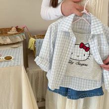 女童春夏2025新款格子衬衫外套+猫咪吊带+牛仔半身裙套装时髦洋气