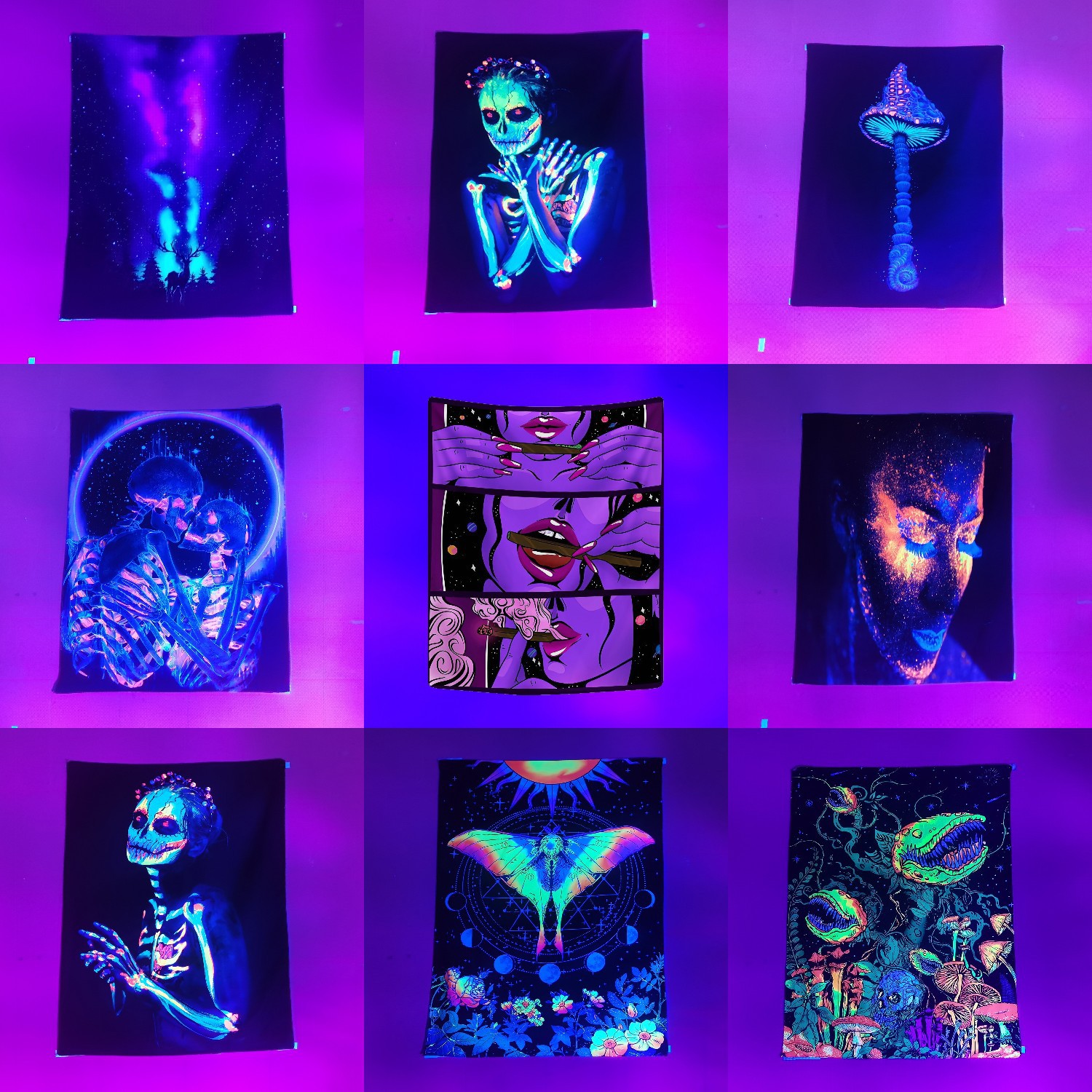 Home arazzo Luce UV fluorescente psichedelica Datura sfondo panno decorativo Panno appeso a parete Fungo psilocibina_voghion.com