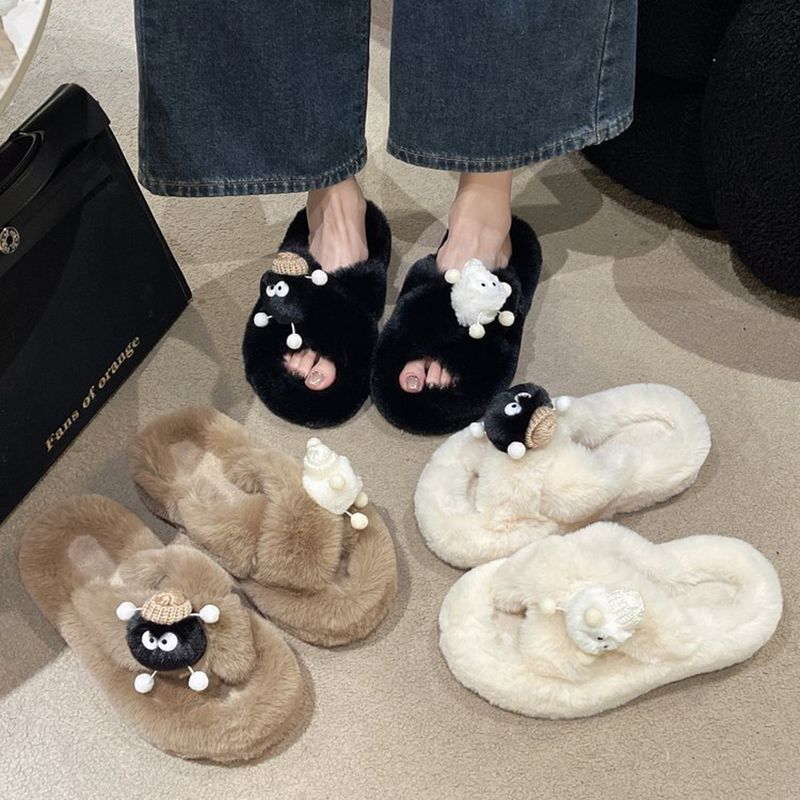 厚底毛毛拖鞋防滑卡通可爱煤球外穿毛绒绒棉鞋女秋冬季新款百搭