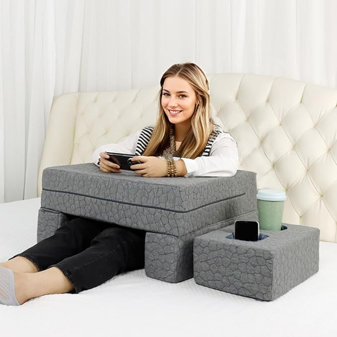 Oversized Reading & Gaming Pillow with Cup Holder, Adjustable Laptop Desk Pillow
