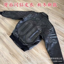 2025欧美外贸棒球服背后烫钻刺绣pu皮袖拼接加棉男女夹克外套批发