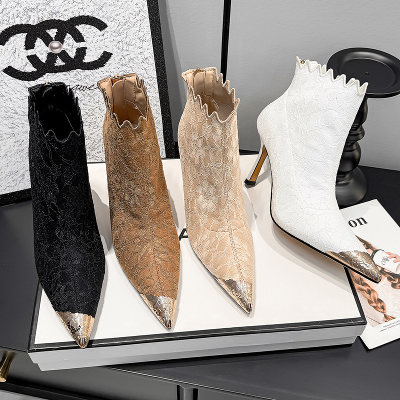 Elegant Lace Embroidered Pointed Toe Ankle Boots with Metal Toe Cap, Anti-Kick, Thin High Heel, Short Boots, Limited Time Offer, Slimming Women's Boots Elegant Lace Embroidered Pointed Toe Ankle Boots with Metal Toe Cap, Anti-Kick, Thin High Heel, Short Boots, Limited Time Offer, Slimming Women's Boots