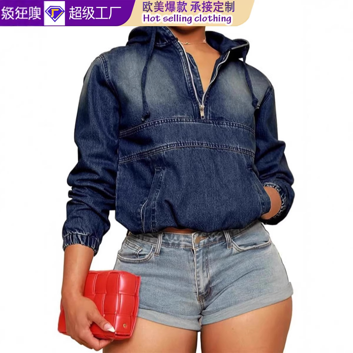 Jiajun Cross-Border Multi-Color Amazon Popular Asymmetrical Motorcycle Denim Women's Jacket Hooded Long Sleeves