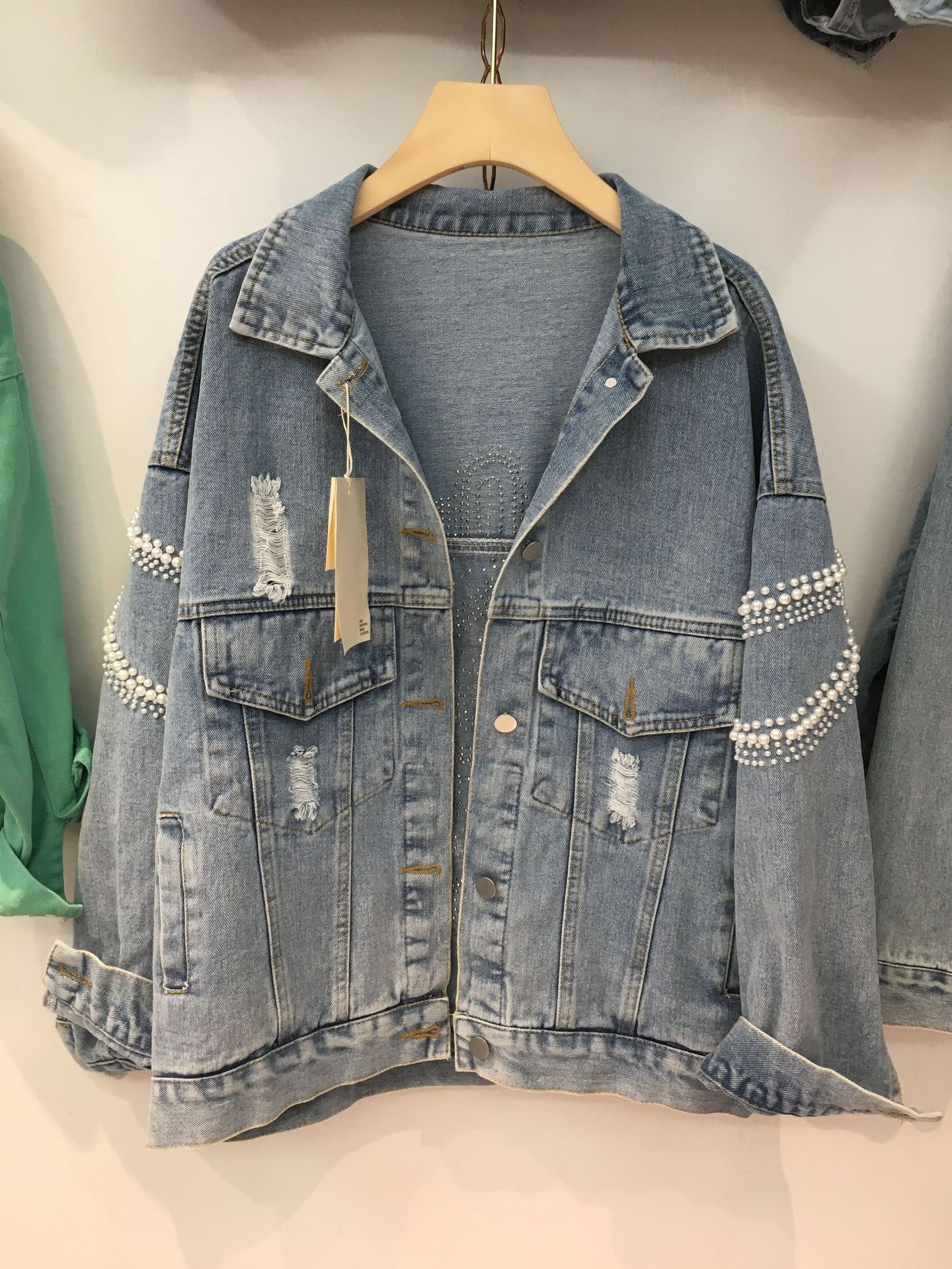 Frauen Kleidung herbst neue perlen denim jacke lose perlen stickerei kurze top jacke weibliche trend_voghion.com