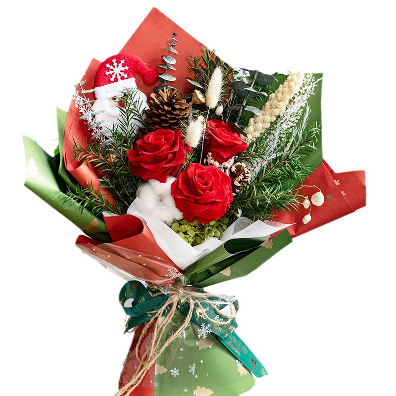 Rosa Eterna Navideña, Oso de Peluche, Ramo de Flores Terminado, Regalo para Novia o Mejor Amiga, Regalo Navideño Hecho a Mano