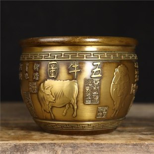 Antique Brass Embossed Five-Cow Ashtray and Pen Holder Ornament for Home Use