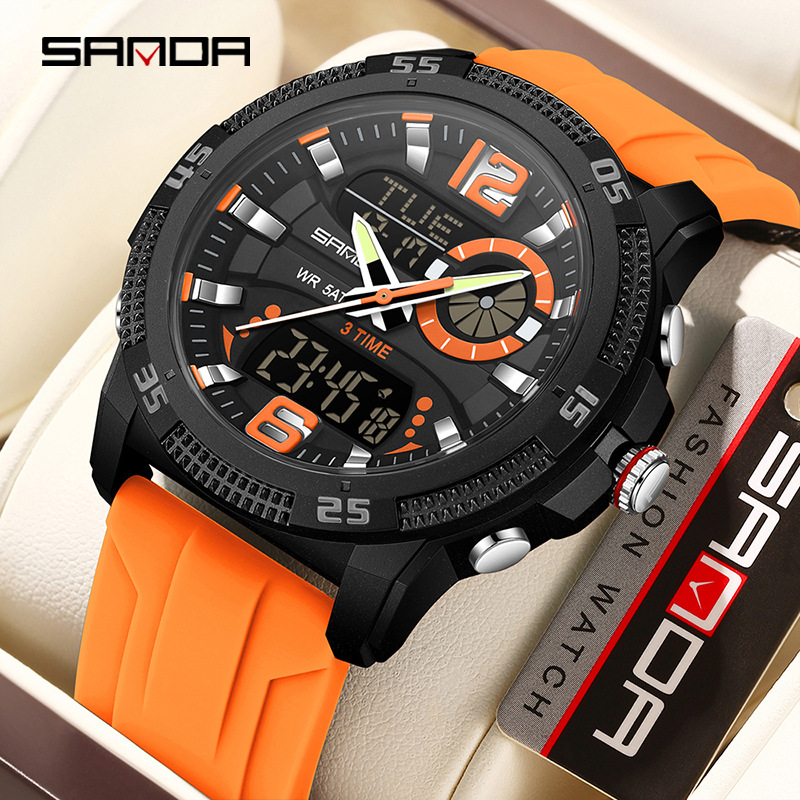 Sanda SANDA Reloj deportivo Reloj electrónico luminoso multifuncional de doble pantalla Reloj despertador Moda Reloj para estudiantes masculinos y femeninos 3372