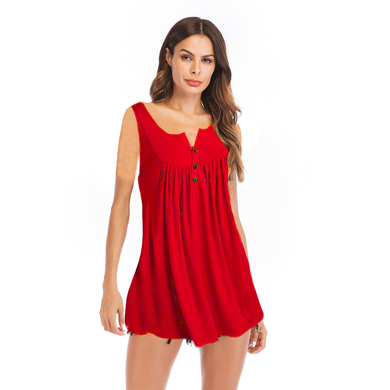 Abbigliamento da donna Canotte pieghettate con bottoni con scollo a V T-shirt Solid Top casual larghi_voghion.com