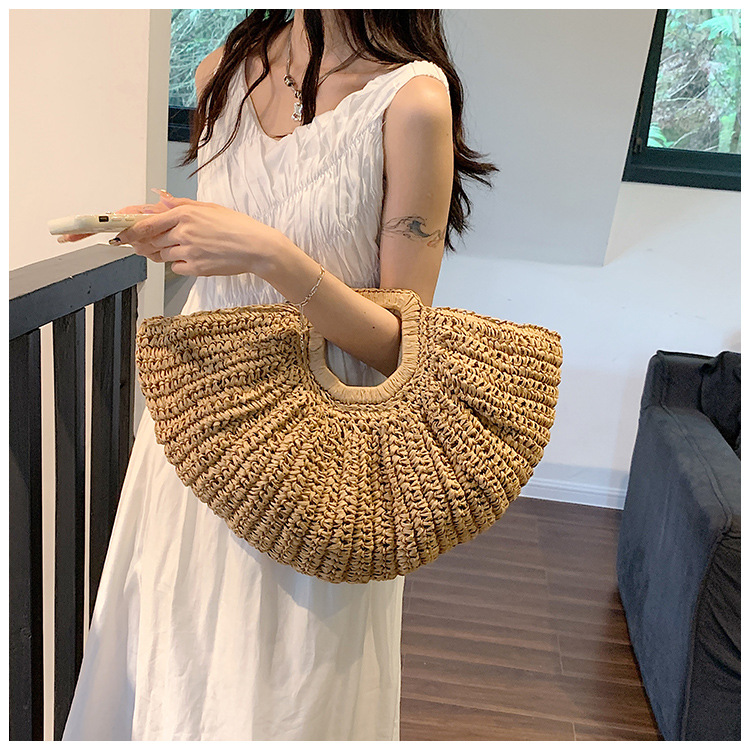 Solid Color Pattern Summer Season Women'S Gender Women's Medium Straw Solid Color Streetwear Semicircle Open Straw Bag