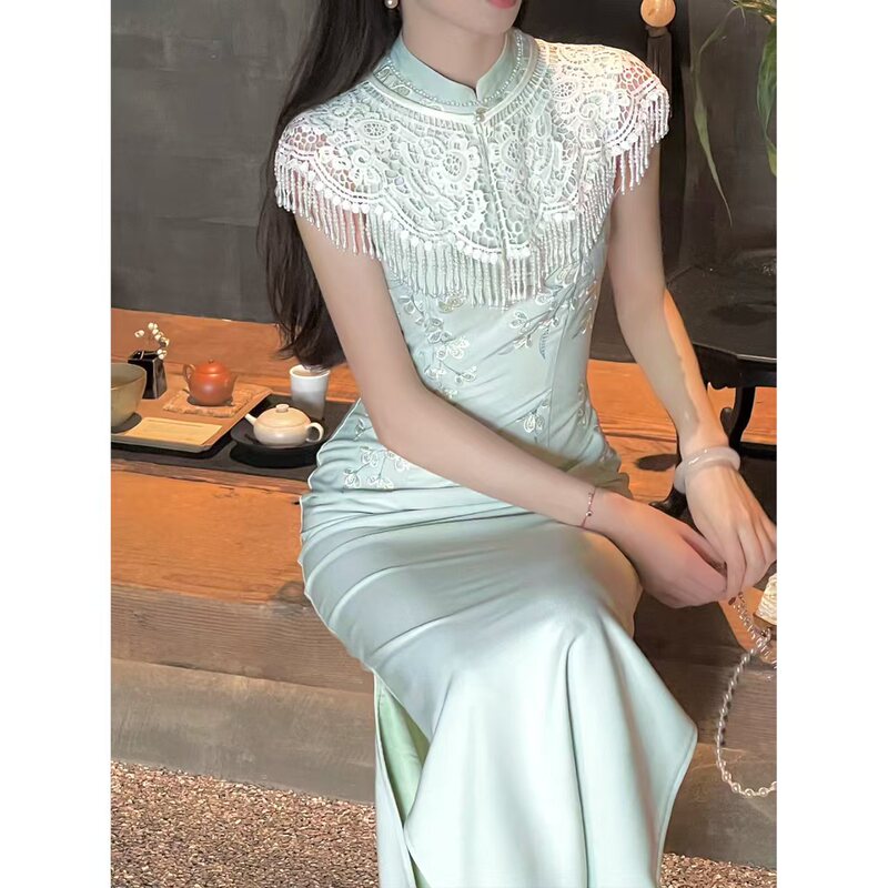 Lingqian Zihuo 緑の刺繍の新しい中国風のエレガントな刺繍改良されたチャイナドレス夏の女性の美しいドレス|undefined