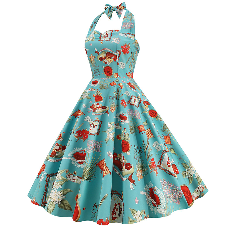 European And American Women's Hepburn Style Puff Skirt Dress Retro Print Halter Neck New 2026 Cross Border Exclusive_ecoleips.com