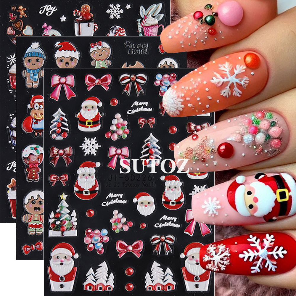 Cross-border new Christmas 5D nail art stickers ins embossed color…