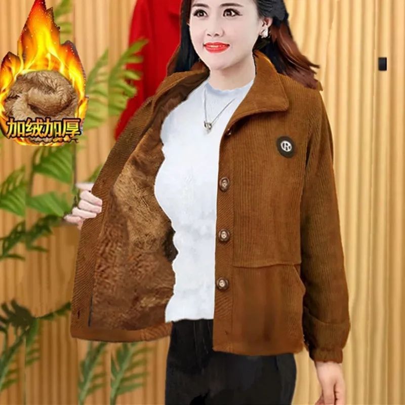 高档加绒保暖外套新款灯芯绒外套女秋冬季防寒中老年妈妈加厚女装|undefined
