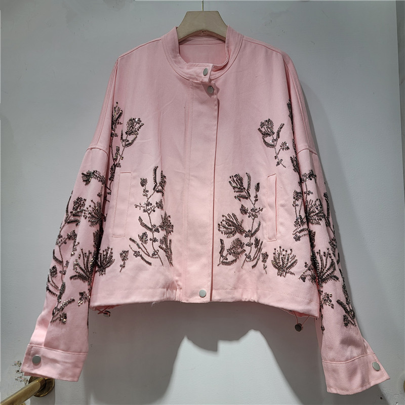Chaqueta Corta de Poliéster para Mujer con Cuello Alto y Bordado Floral