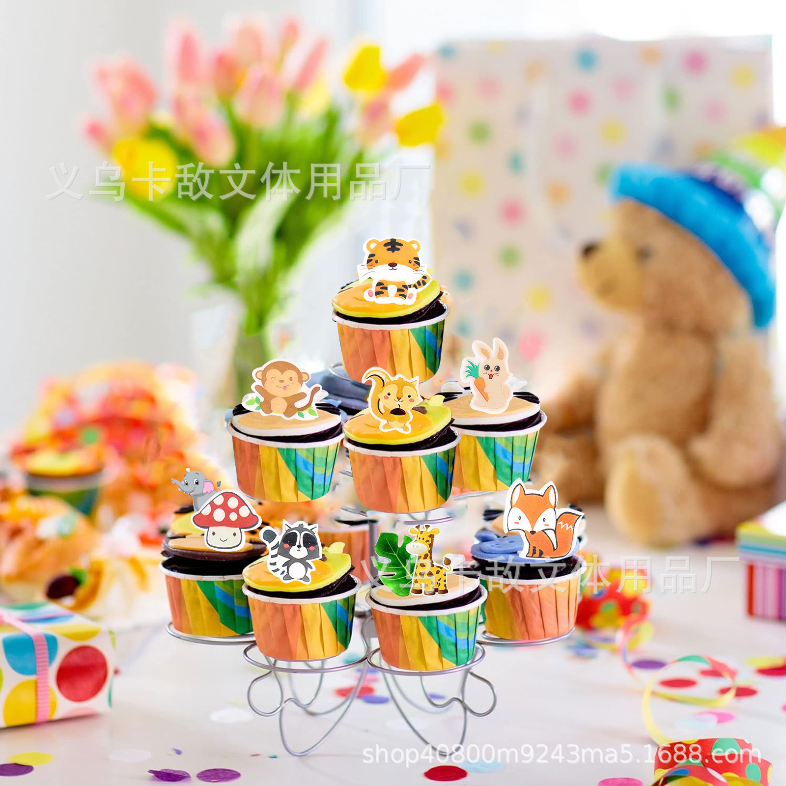 Especial transfronterizo para papel de arroz glutinoso creativo, tarjeta de decoración de animales forestales, decoración de platos fríos, papel de arroz glutinoso, decoración de pasteles de zoológico