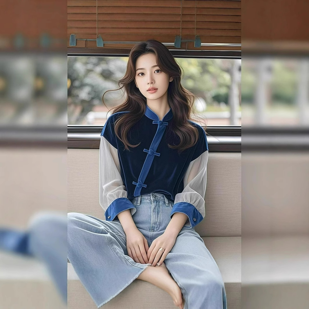가을 2024 새로운 여성 의류 새로운 중국 스타일 국가 스타일 블루 스티칭 셔츠 하이 센스 라이트 성숙한 스타일 디자인 센스 탑