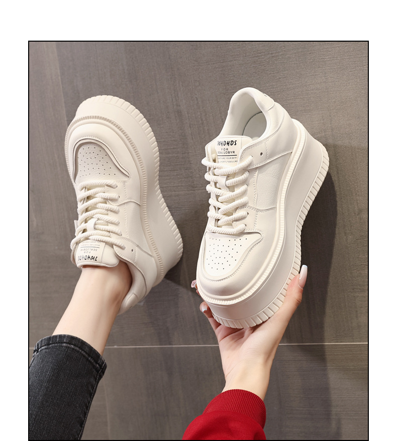 Giày sneaker nữ đế bánh xốp tăng chiều cao bên trong, phối đơn giản mùa hè thu 2024 — Màu be, Màu đen chi tiết 14