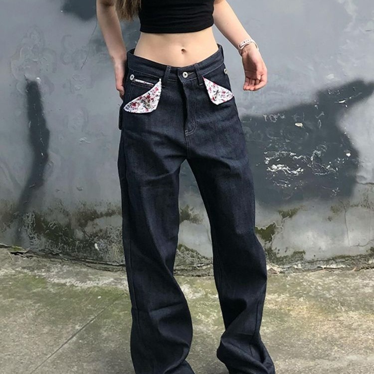 美式高街辣妹亚文化宽松牛仔裤子女设计感赤耳碎花拼接直筒拖地裤|undefined