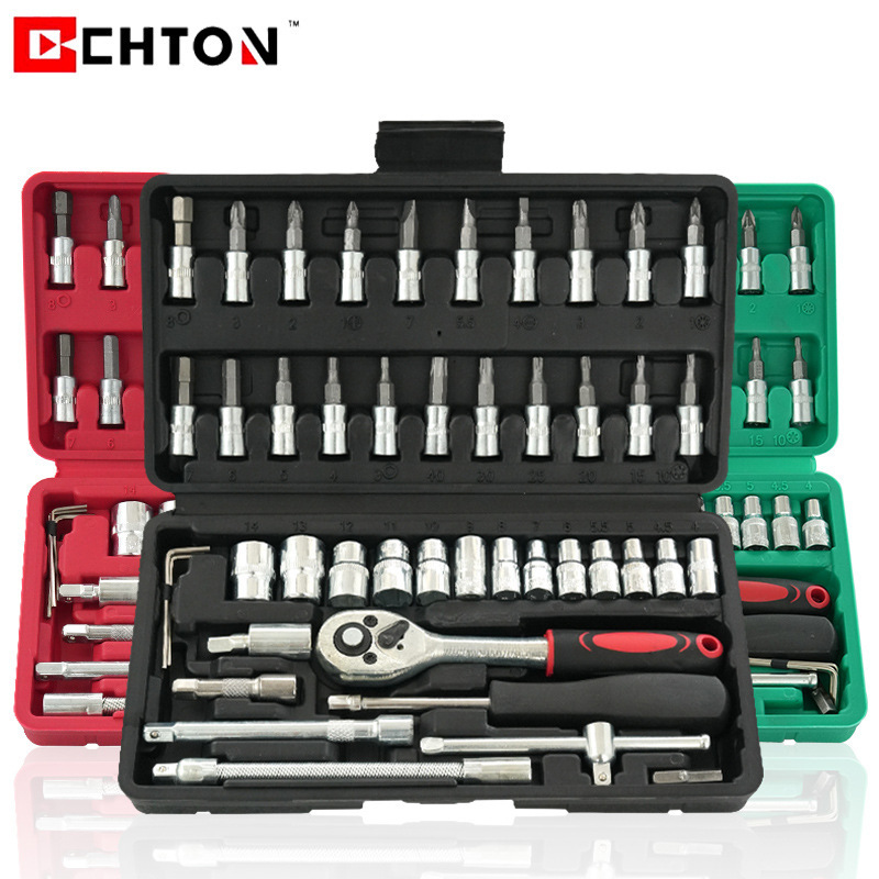 46件套多功能小飞摩托车随车快速棘轮扳手套筒螺丝刀组套工具套装