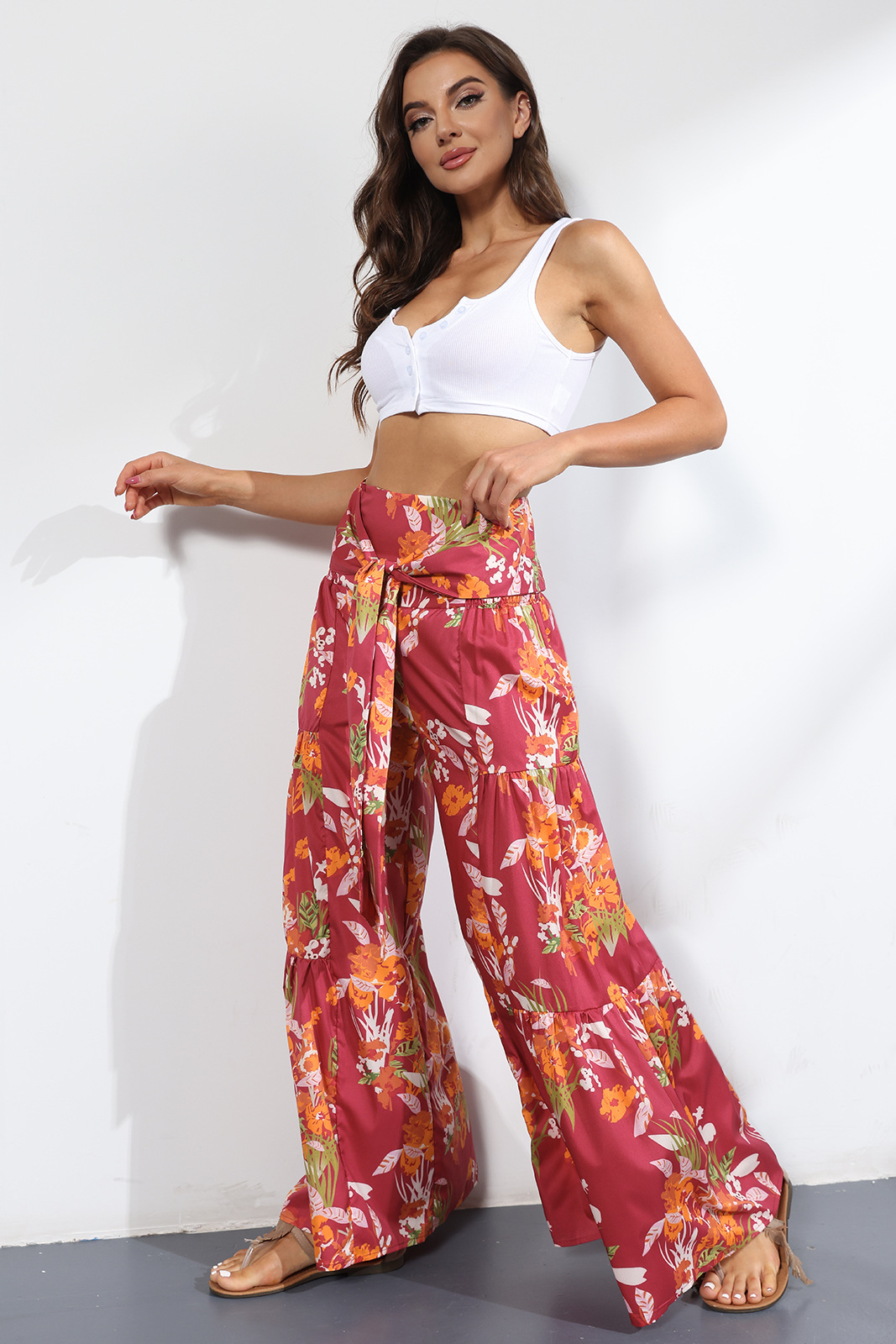 printing loose high waist flared wide-leg pants-Multicolor NSMDF131107