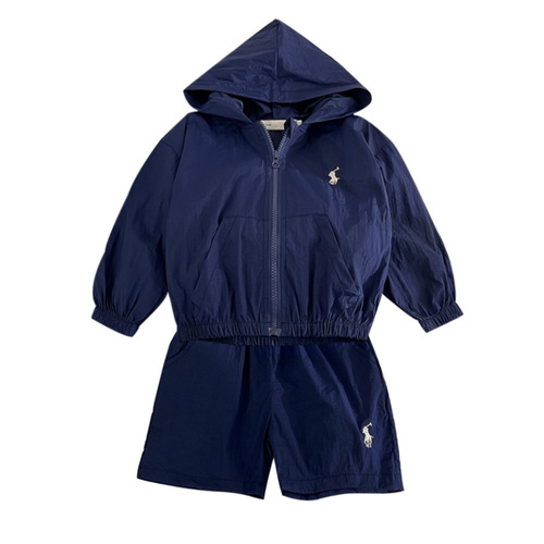 Children's suit 2024 summer new product embroidered sun protection suit for boys and girls, baby hooded two-piece set, trendy foreign trade