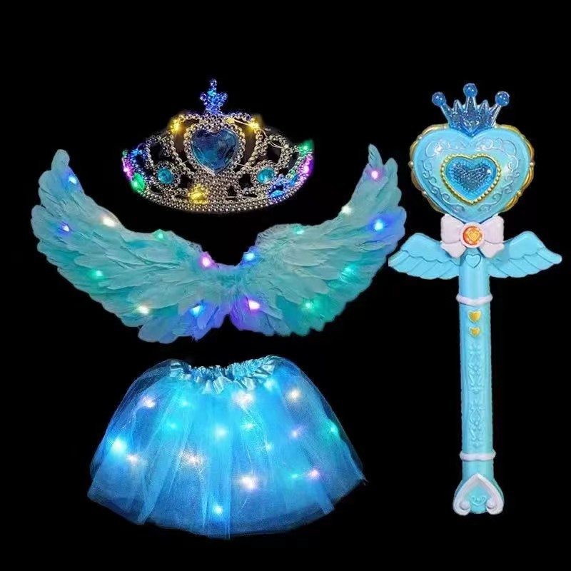 Alas de plumas luminosas azul + falda de luz + Corona de luz + barra de proyección