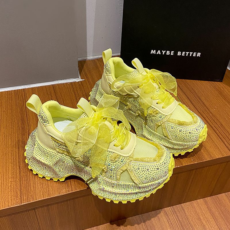 2026 Rhinestone Lace-Up Platform Dad Shoes for Women, Full of Rhinestones, Suitable for Petite Individuals, for Work and Casual Wear