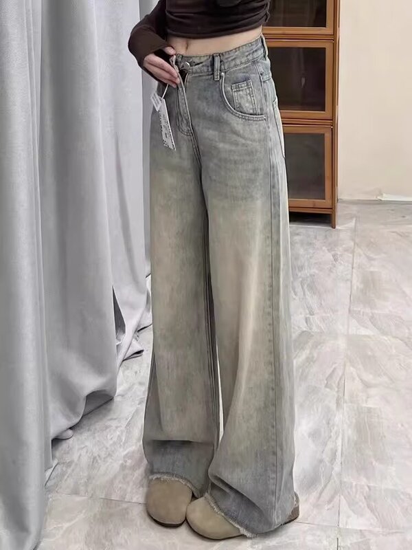 レトロな毛の縁のまっすぐな筒のジーパンの女性の春秋の新型のナシの形の体つきの大きいサイズの高腰はやせています。|undefined