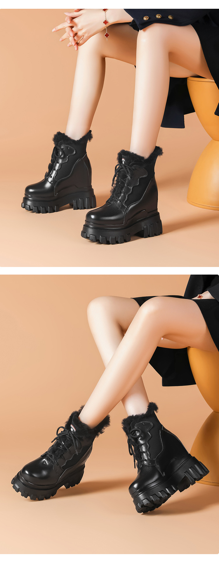 Boot nữ cổ cao ôm bắp chân đế dày lót nhung ấm áp — Màu đen lót nhung chi tiết 3