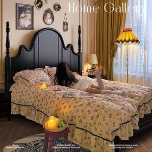 Antique Style Light Luxury American Style Wedding Bed Home French Style Retro Solid Wood Bed Black 1.5m Double Bed Modern Simple