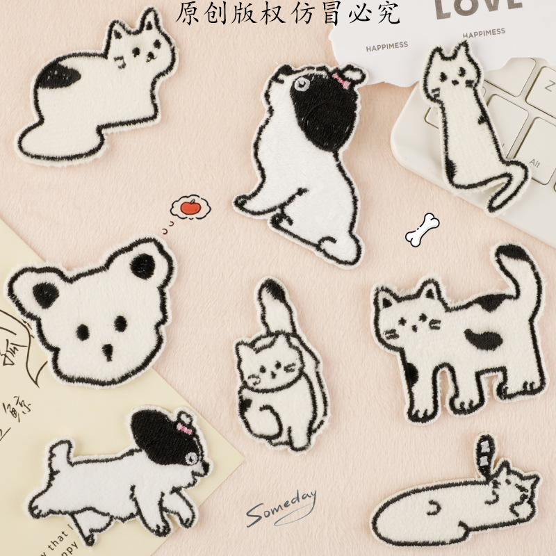 原创自粘款绣花标可爱卡通猫咪刺绣贴patch手工装饰补丁贴diy布贴