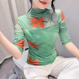半高领网纱中袖T恤女春季设计感修身洋气半袖上衣显瘦印花打底衫