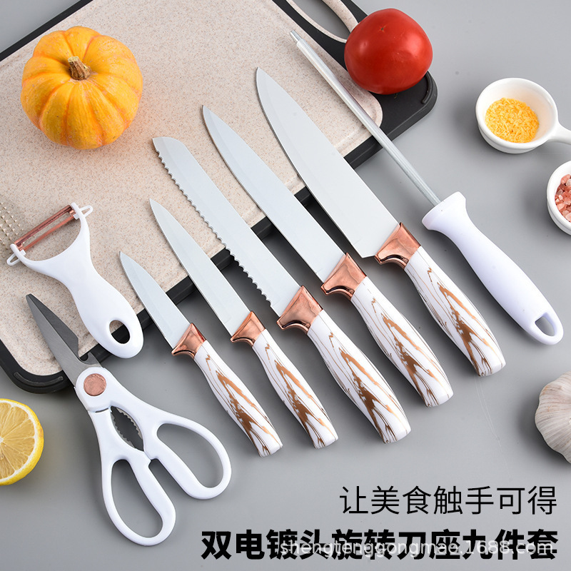 Juego de cuchillos domésticos de cocina con cabezal de galvanoplastia simple y doble de acero inoxidable al por mayor de oro rosa transfronterizo