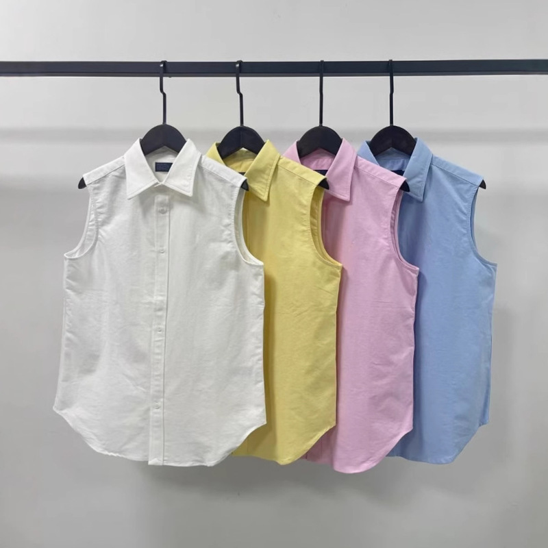 Women's 2025 Summer Oxford Cloth Cotton Vest Shirt Colorful Pony Embroidery Polo Neck Casual Slim Top