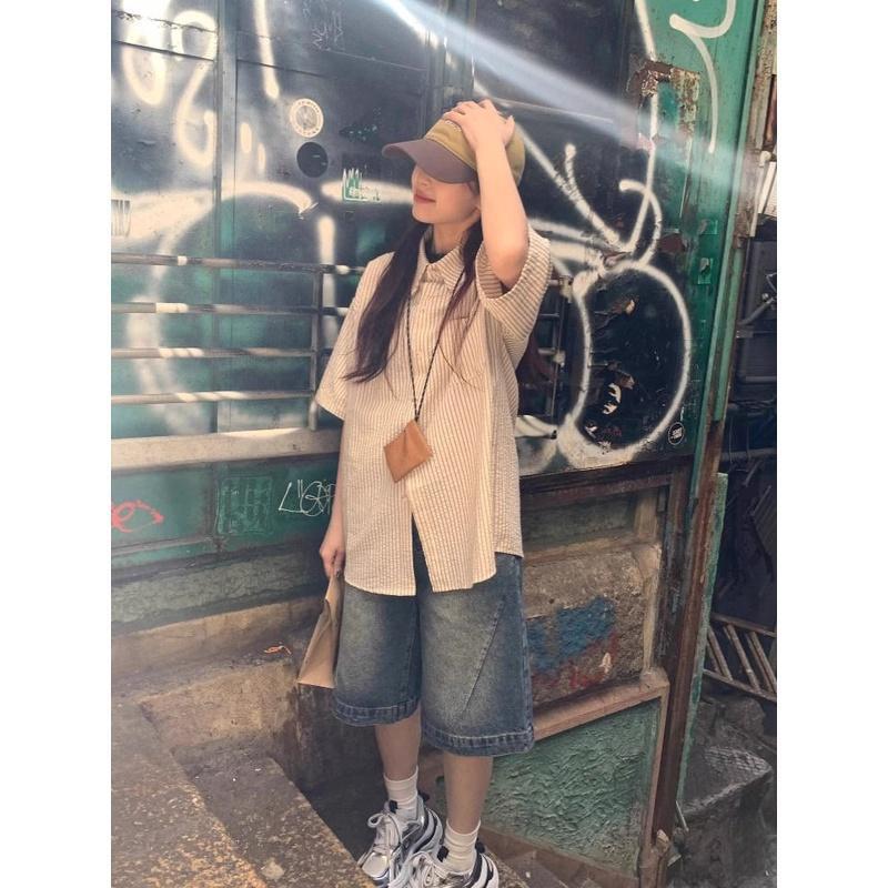 Striped Short-sleeved Shirt Women's Japanese Style Retro apricot Summer Niche Design Sense Casual Loose All-match Ins Top Striped Short-sleeved Shirt Women's Japanese Style Retro apricot Summer Niche Design Sense Casual Loose All-match Ins Top