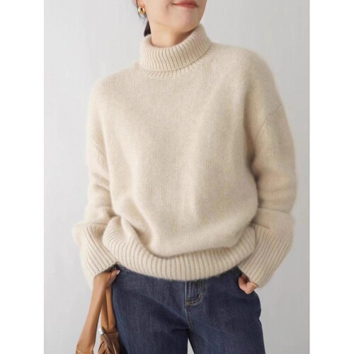 2025 Autumn/Winter Thick Solid Color Cashmere Knit Sweater Women High Neck Short Sleeve Hoodless Loose Casual Cardigan Women
