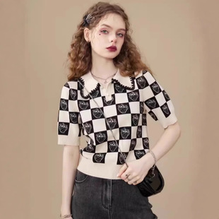 French Black Strawberry Polo Collar Short-Sleeved Knitwear for Women 2025 Spring and Summer New Checkerboard Thin Top Trendy