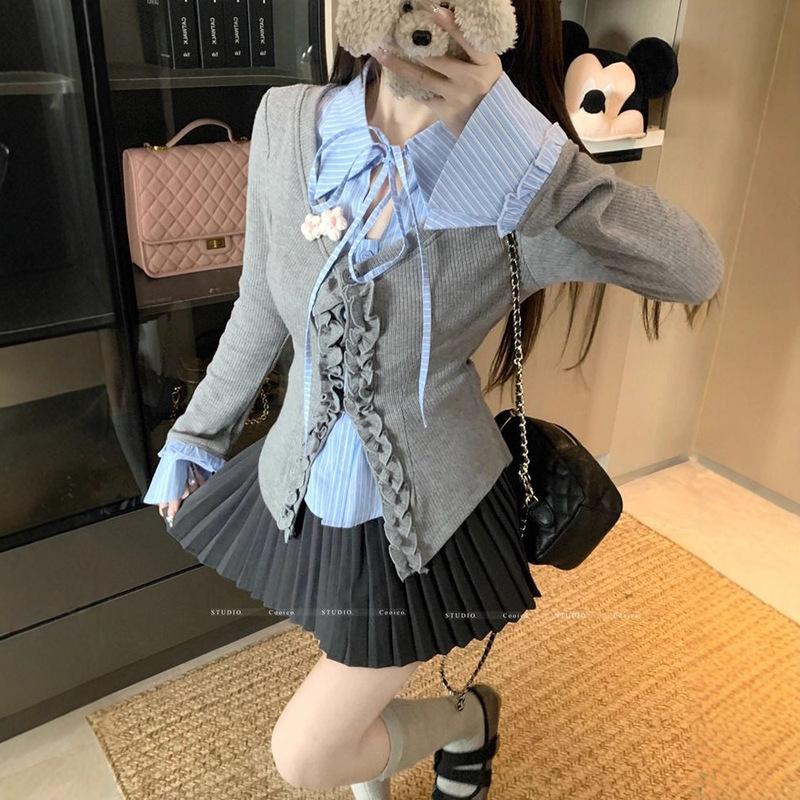 Ruffled Lace-Up Sweet Style Long-Sleeve Women's Top 2026 Spring and Autumn Design Slim Fit Slimming Blouse