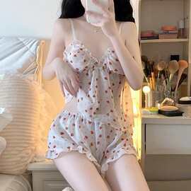 夏季情趣性感少女草莓雪纺睡衣吊带新款甜美可爱两件套家居服
