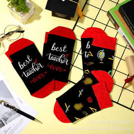欧美跨境爆款best teacher ever教师节英文字母袜运动中筒袜socks