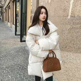米白色大翻领羽绒服女冬季韩版宽松休闲加厚90白鸭绒外套流行爆款