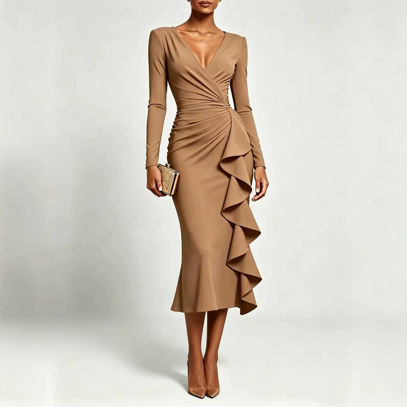 2026 cross-border V-neck long-sleeve waist-cinching ruffled midi dress, pleated, slim-fit, elegant, and figure-hugging 2026 cross-border V-neck long-sleeve waist-cinching ruffled midi dress, pleated, slim-fit, elegant, and figure-hugging