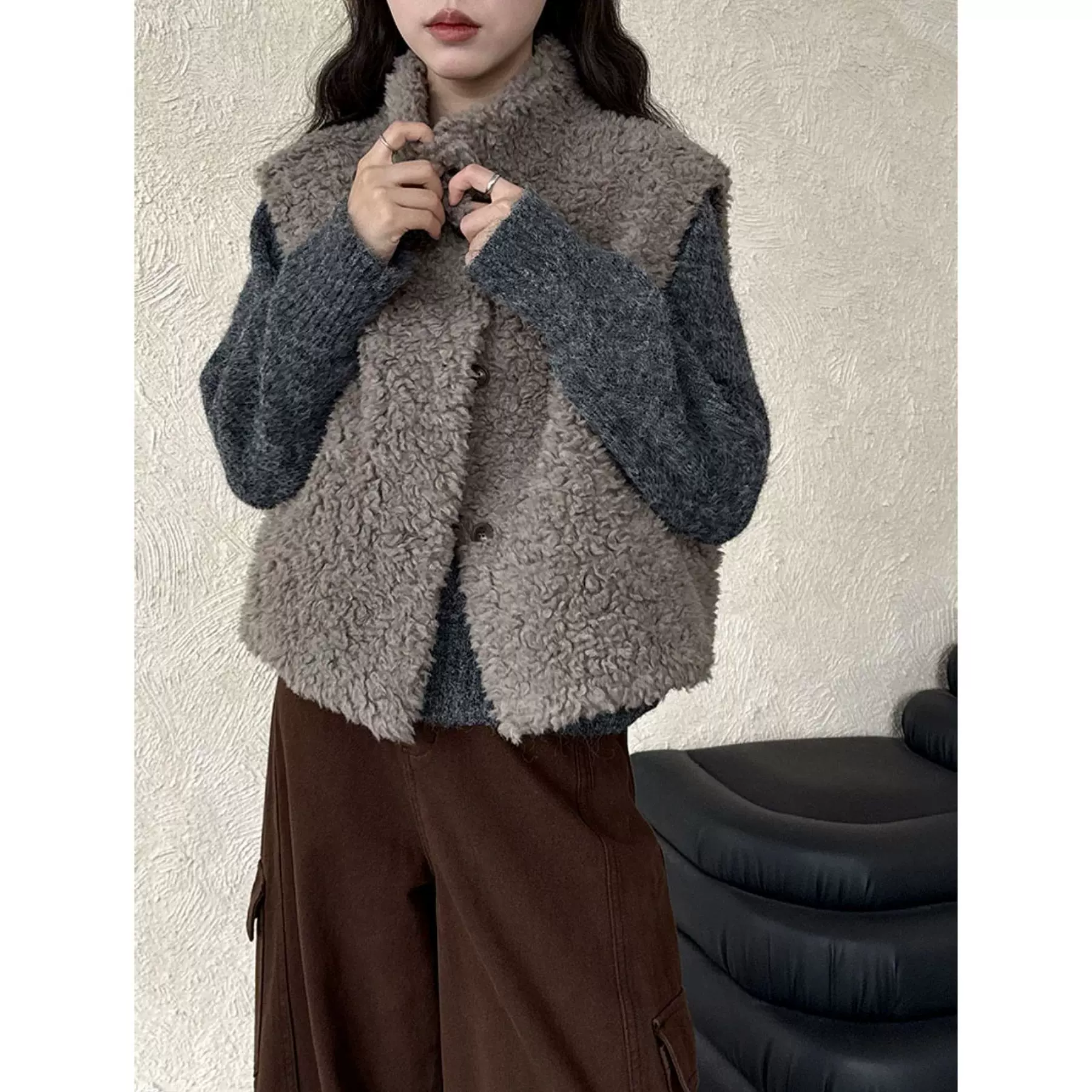 四媛短款立领羊羔毛皮毛一体马甲25秋冬保暖加厚休闲皮草背心9408