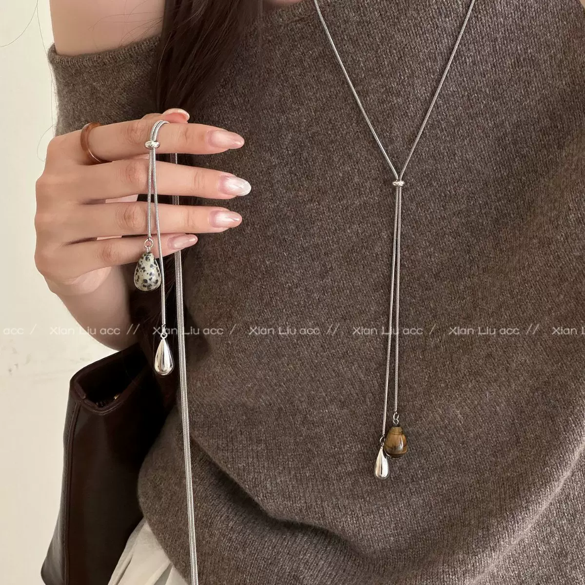 虎眼石水滴抽拉项链女2025新款爆款轻奢小众设计感长款毛衣链配饰
