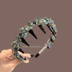 韓国ブルークリスタル歯付きファッションフルダイヤモンドヘッドバンドヘアアクセサリーシンプルな気質レトロ多用途ヘッドバンドヘアピン新しいスタイル