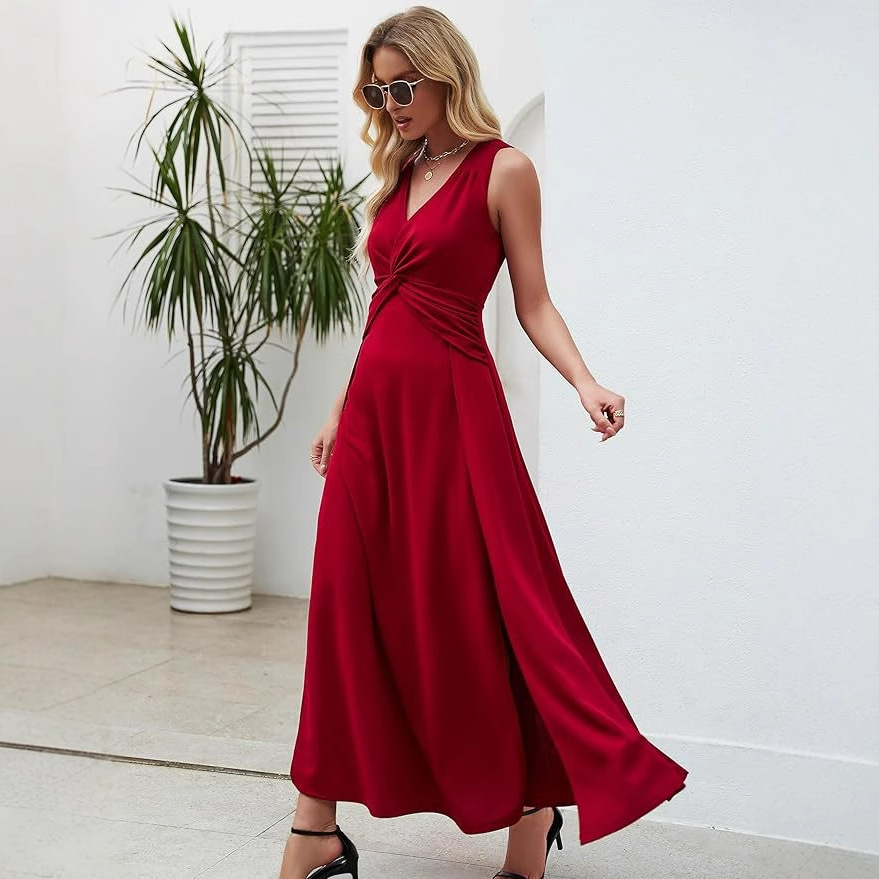Vestido de invitado de boda para mujer transfronteriza europea y americana vestido formal con cuello en V vestido de noche sin mangas para mujer