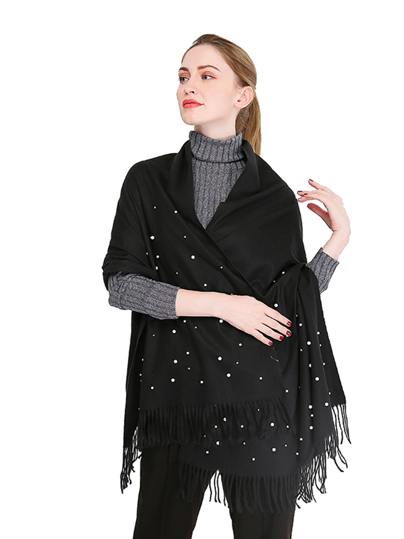 Vente chaude nouvelle automne et hiver couleur unie cheveux épineux clou perle châle en Europe et en Amérique, écharpe femme gland chaud épaissi_voghion.com